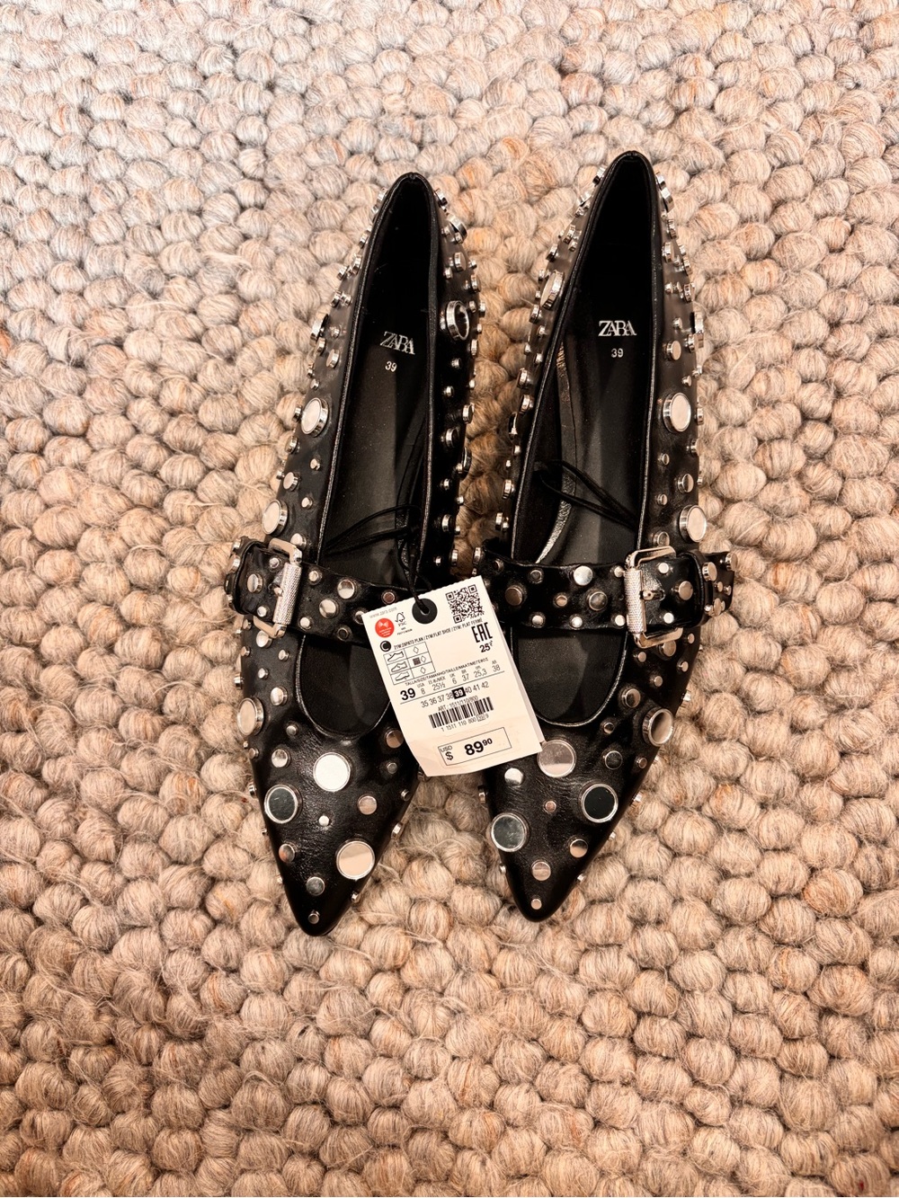 Zara Black Studded Pointed Mary Jane Flats with Buckle size 39